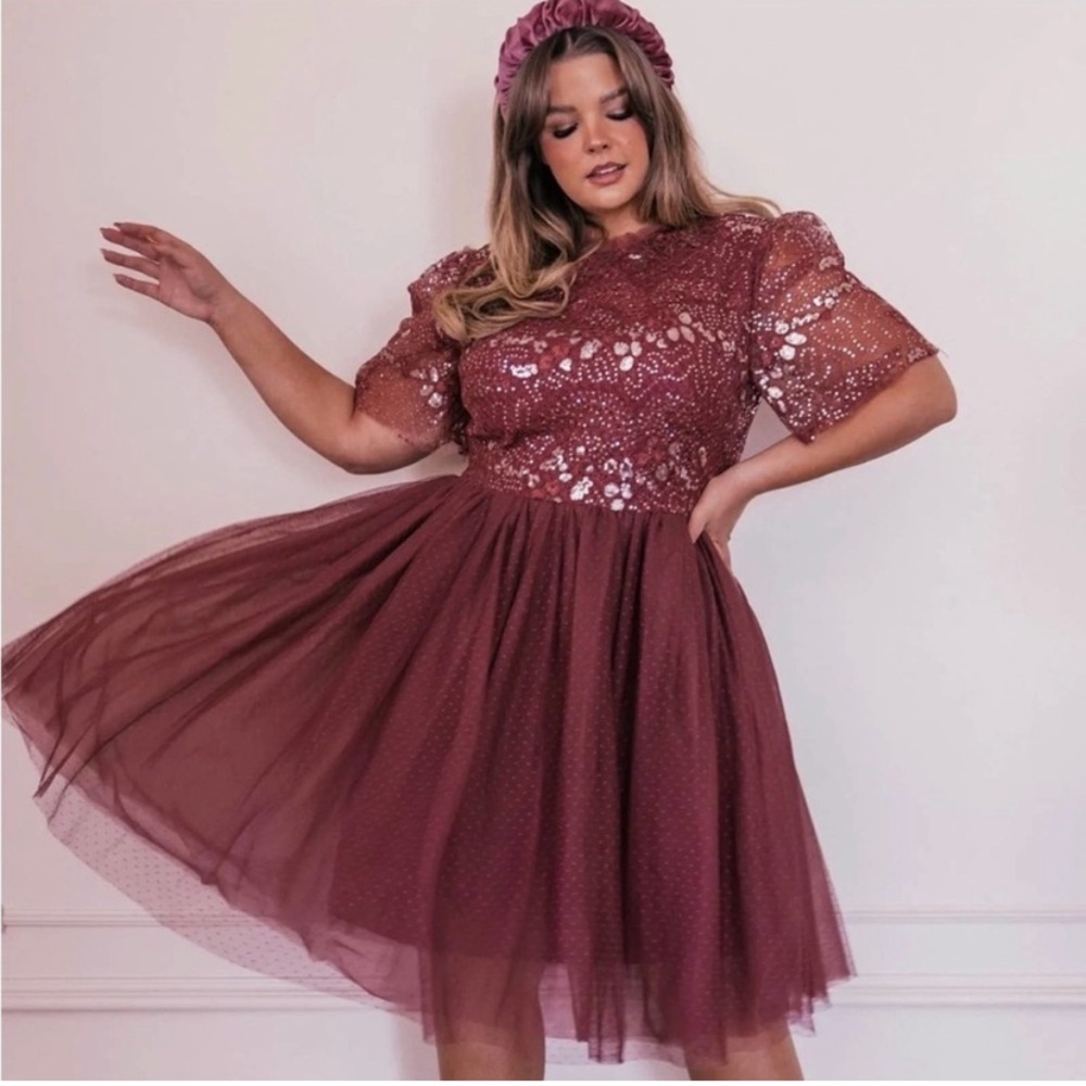 JessaKae Memory Lane Sequin Lace Swiss Dot Dress Puff Short Sleeve NWT Large